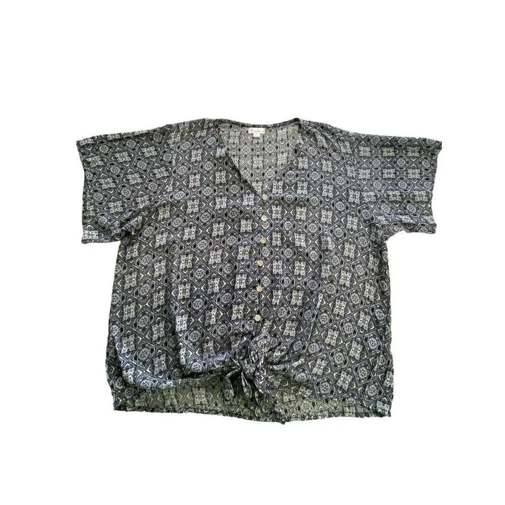 Cabana Cay Womens SMALL Tile Print Short Sleeve Tie Front Top